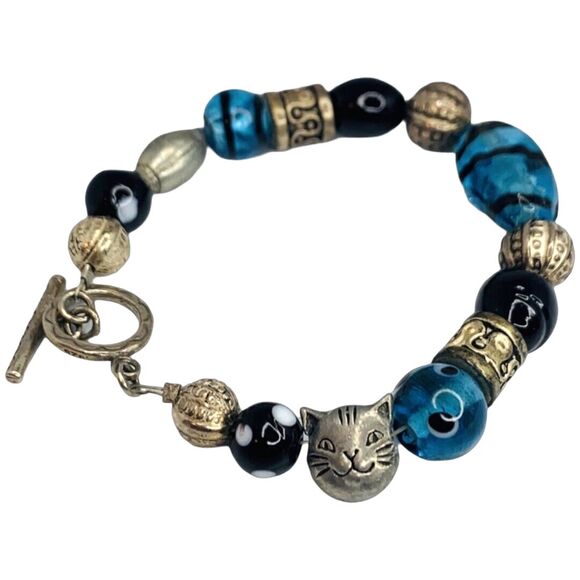 Vintage Blue Glass 925 Sterling Silver Bracelet 8" Toggle Clasp Signed - Picture 8 of 10